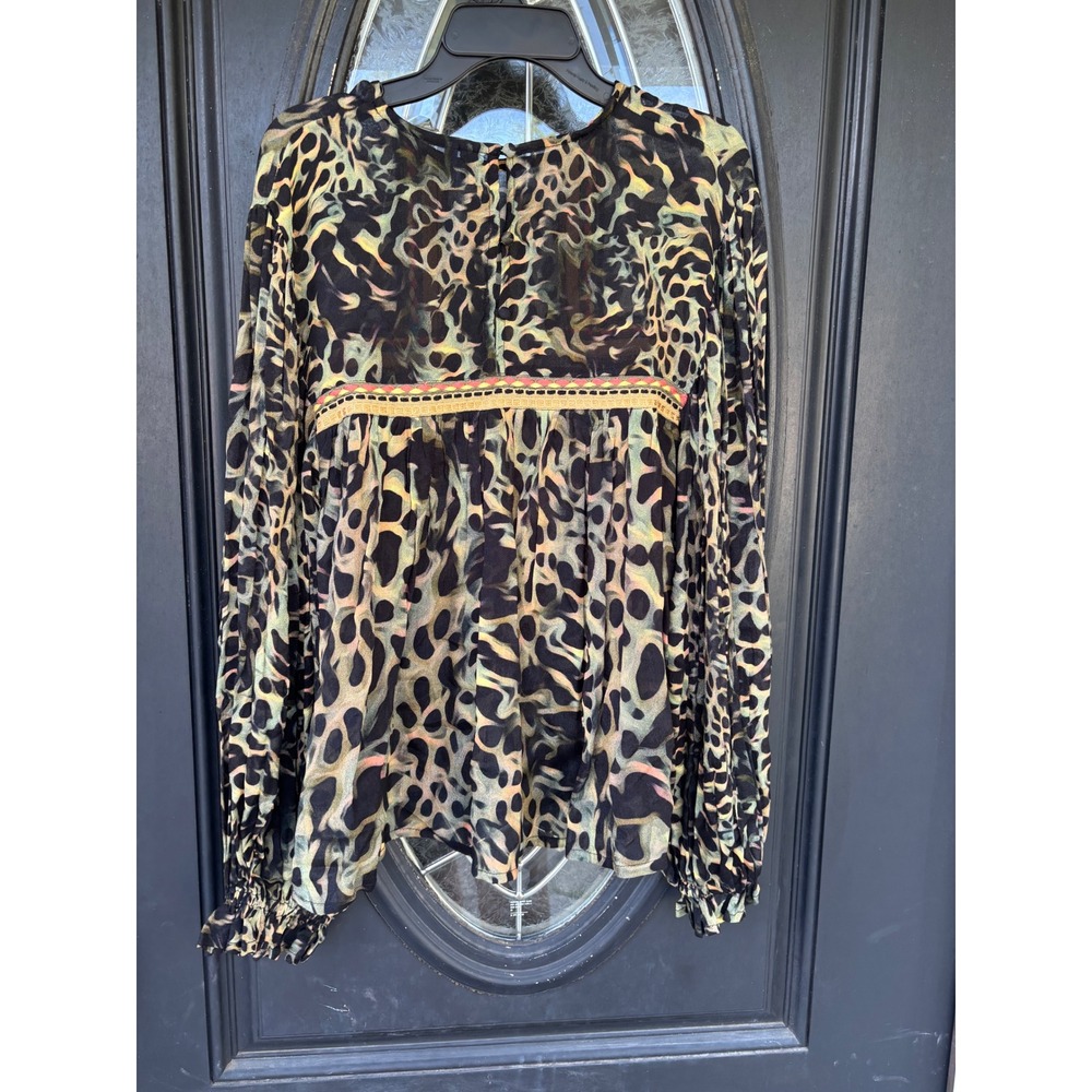 Blank London Womens XS Leopard Print Boho Blouse Crochet Trim Balloon Sleeve Top - Picture 9 of 12